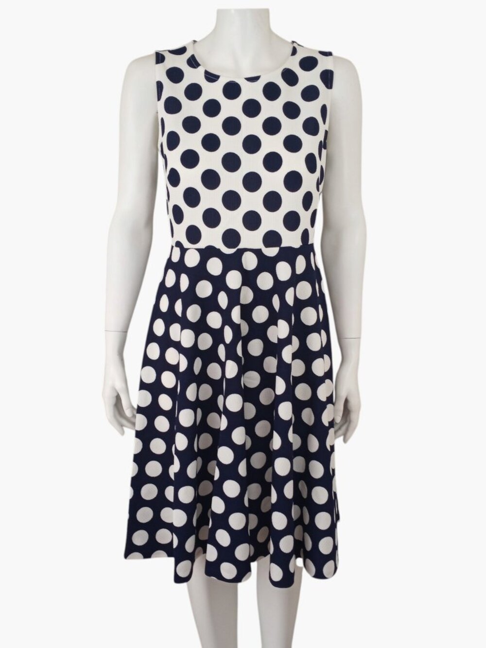 Tahari Navy Blue White Polka Dot Sleeveless Fit Flare Dress Womens 8
